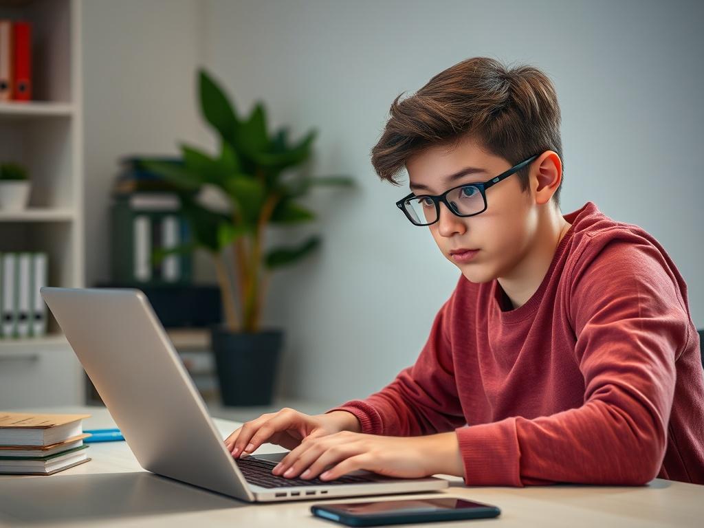A close-up shot of a teenager engaged in database management, sitting at a desk with a laptop open in front of them. The teenager is focused, with a look of determination as they type and analyze data. The background is minimalistic, showcasing a clean workspace with a few educational books and a plant. The image should be vibrant and detailed, highlighting the teenager's expression and the laptop screen.