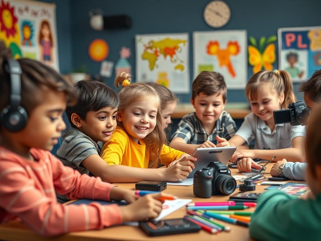 A vibrant and engaging classroom setting where kids are actively participating in a multimedia arts class. The image should showcase a diverse group of children, ages 7-18, working on various projects involving digital art, video editing, and graphic design. In the background, colorful artwork is displayed on the walls, and various multimedia tools like tablets, cameras, and art supplies are visible on the tables. The atmosphere is lively and creative, highlighting the joy of learning and collaboration in m