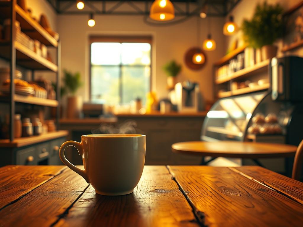 A cozy coffee shop interior with soft golden lighting, featuring