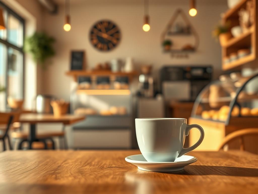 A cozy coffee shop interior with warm golden hues and