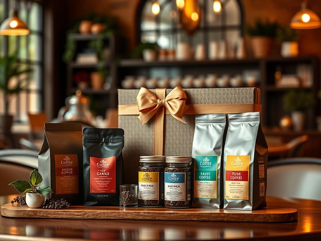 A beautifully packaged coffee gift set displayed on a table