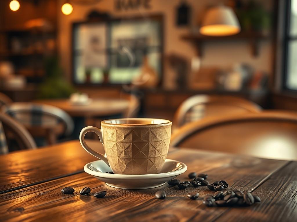 A cozy cafe setting with a steaming cup of traditional