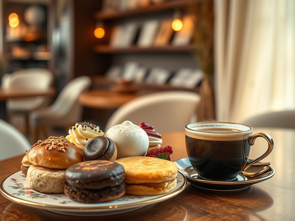 A beautifully arranged plate of assorted pastries and desserts placed