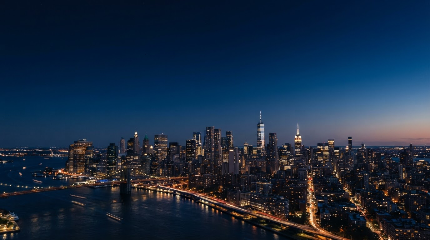 City skyline at dusk in deep royal blue tones