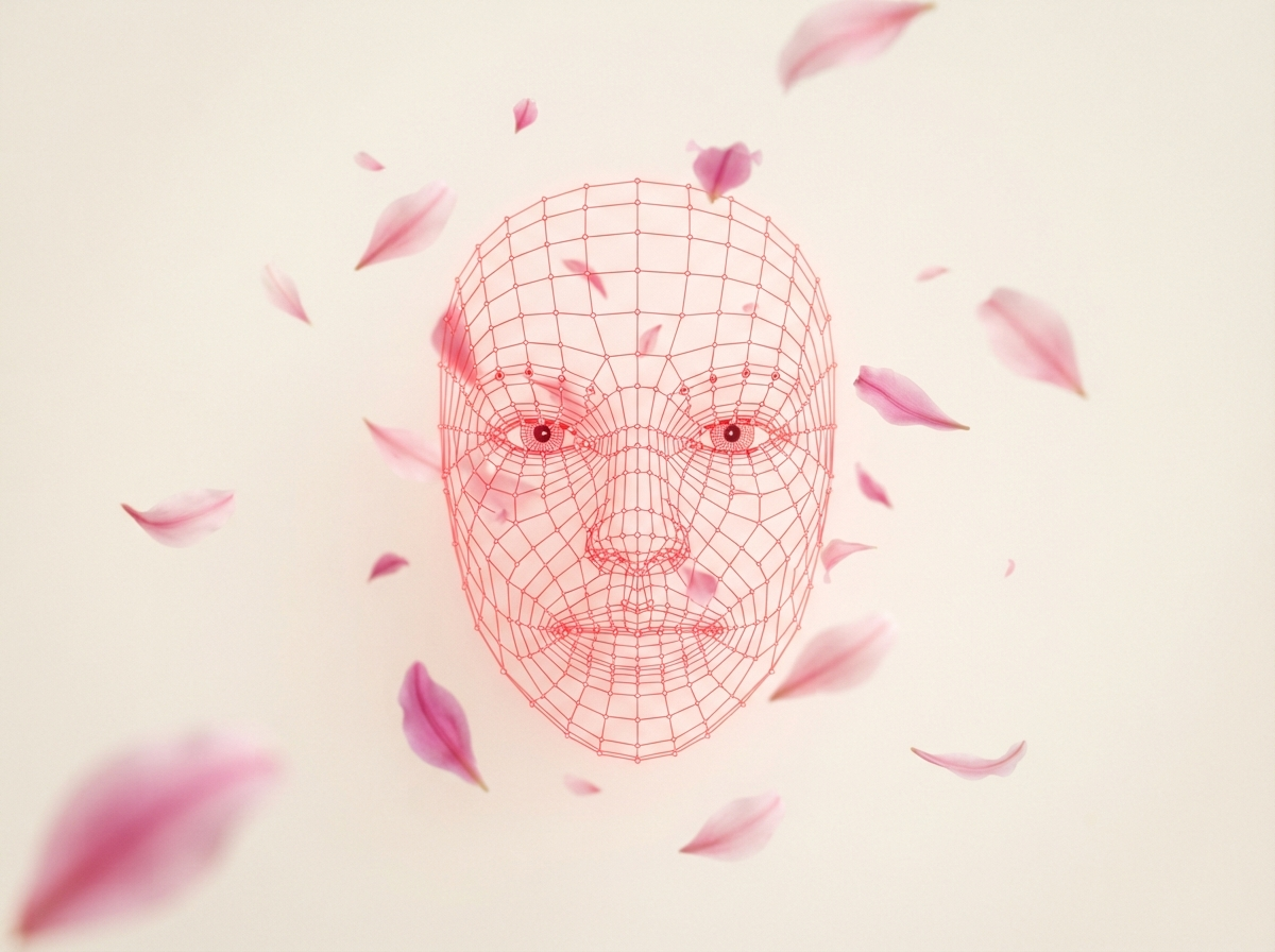 Crimson 3D face mesh wireframe with floating pink lily petal shapes — real-time AR face tracking visualisation