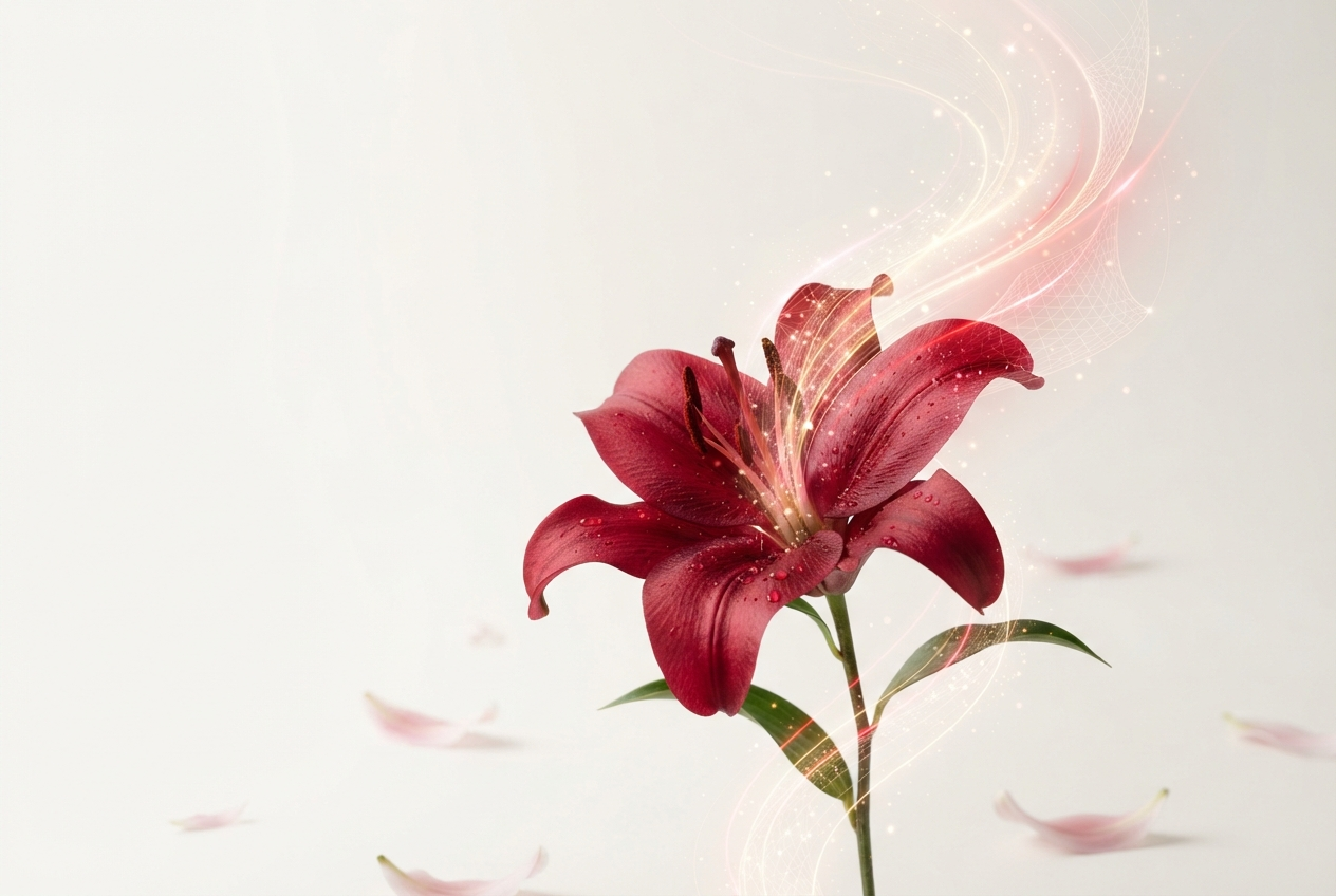 Red lily petals blending into flowing digital light streams — the Scarlet Chalice design philosophy