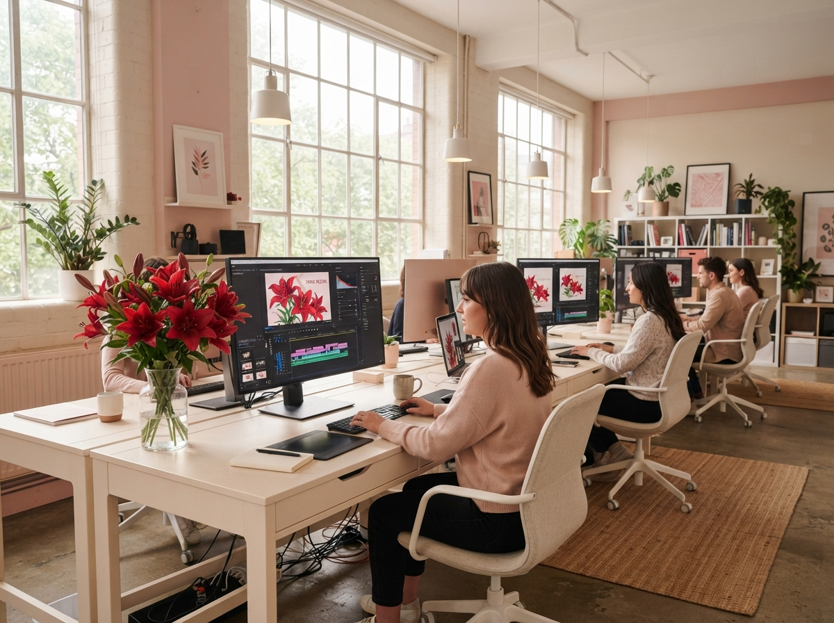 The Scarlet Chalice studio: workstations displaying red lily graphics with fresh red lilies on a cream desk