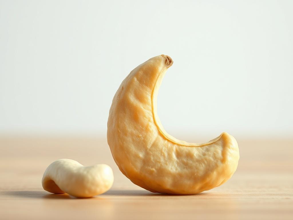 A single, beautifully arranged cashew nut, showcasing its smooth, creamy texture and natural color. The background should be minimalistic, featuring a soft-focus effect that highlights the nut's details. The lighting should be bright and inviting, accentuating the nut's shape and sheen, creating a vibrant and appealing visual to entice viewers.