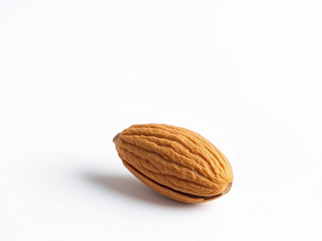 A realistic high-resolution photo of a single, beautiful almond placed on a clean, minimalistic white background. The almond should be in sharp focus, showcasing its natural texture and color, with soft shadows to give depth. The composition should be simple and elegant, emphasizing the almond's details and freshness.