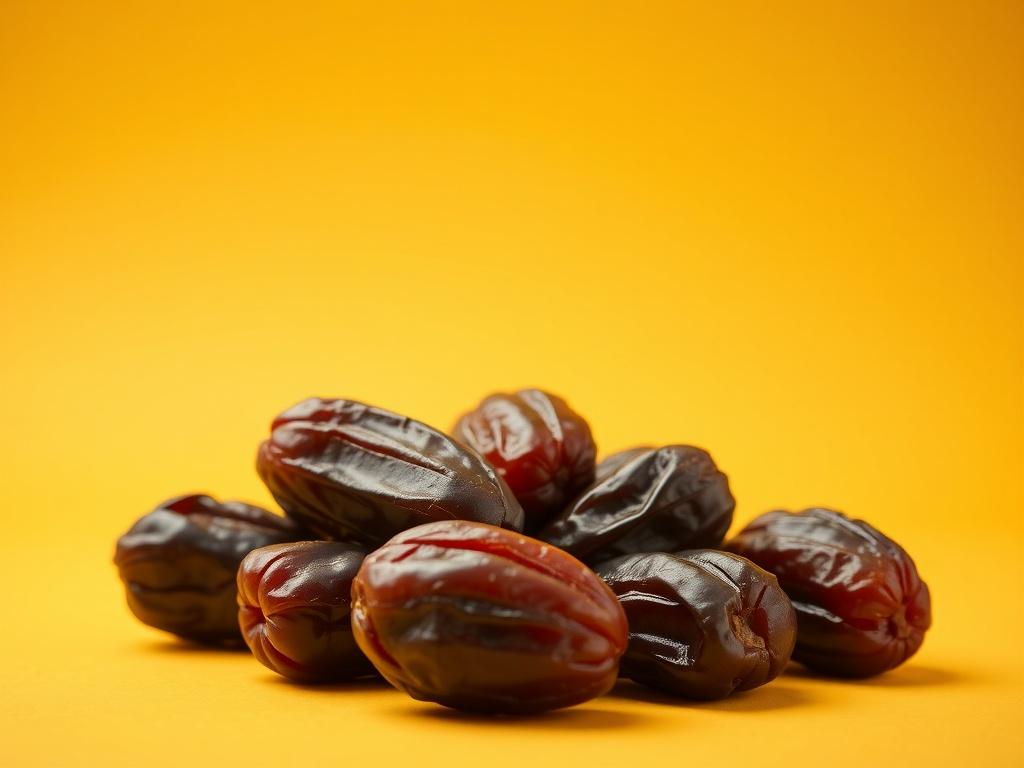 A realistic high-resolution photo of premium quality Indian origin dates, displayed in a simple and clear composition. The dates should be the focal point, showcasing their rich texture and natural sweetness. Use a minimalistic background with clean lines and bold vibrant colors to highlight the dates, ensuring they look appealing and fresh.