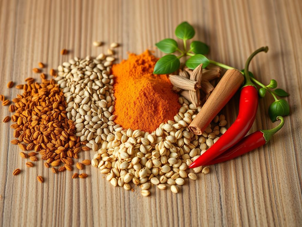 A high resolution, photorealistic image of various spices including cumin,