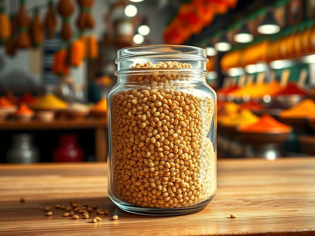 A photorealistic image of organic fenugreek seeds displayed in a