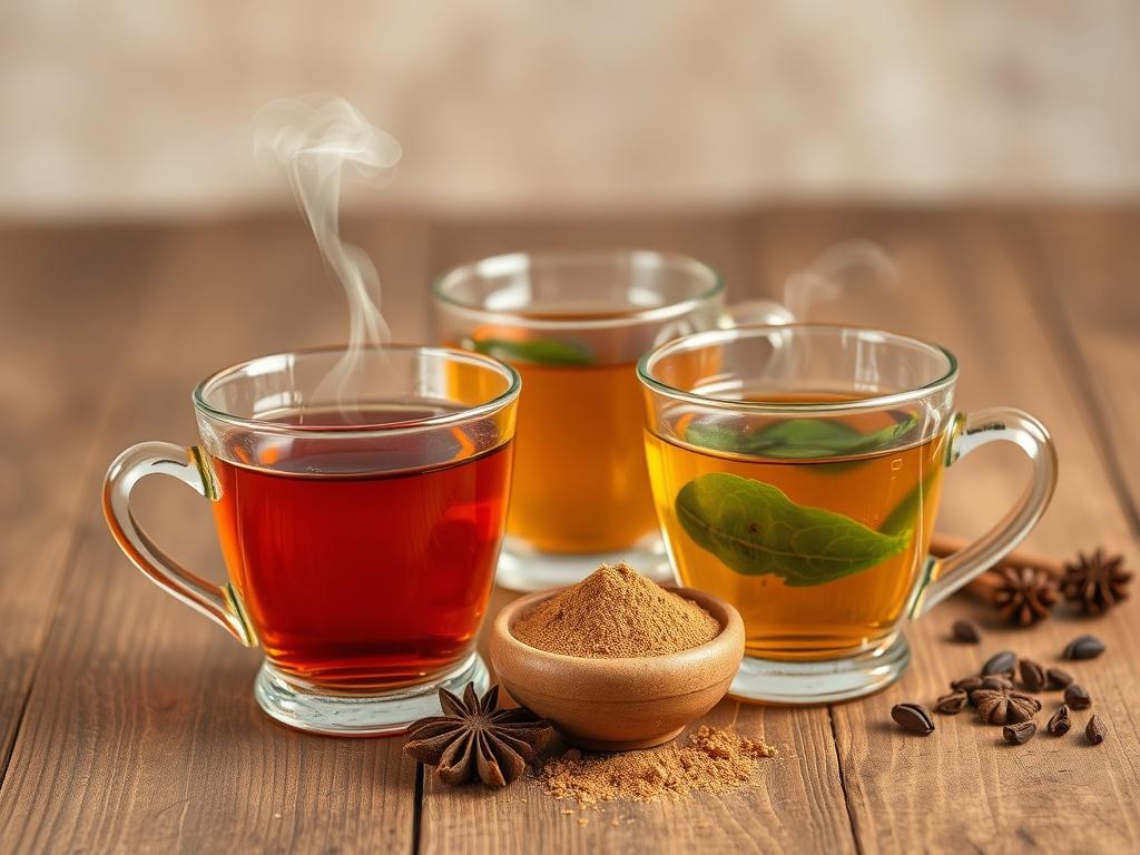 A realistic high-resolution photograph of a beautifully arranged selection of herbal teas and chai masala mix. The teas should be displayed in elegant glass teacups with steam rising, set against a minimalistic wooden table. The chai masala mix should be presented in a small, rustic bowl beside the teacups, with some loose spices scattered around for visual appeal. The background should be softly blurred, emphasizing the vibrant colors of the teas and the earthy tones of the spices. The overall composition 