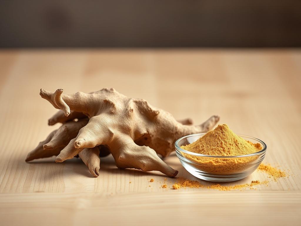 A realistic high-resolution photo of Ashwagandha root and powder displayed on a clean, minimalistic wooden surface. The composition should focus on the earthy tones of the root, with the powder in a small, elegant bowl beside it. The background should be softly blurred, enhancing the natural and organic feel of the image. Use bold vibrant colors to highlight the textures and details of the Ashwagandha, ensuring it stands out as the main subject.