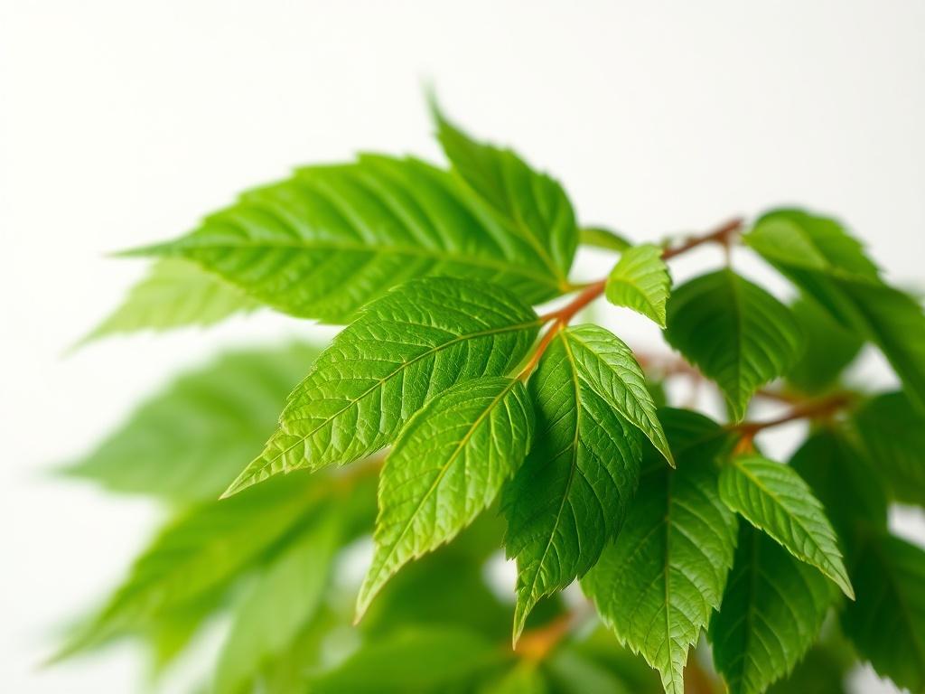 A realistic high-resolution photo of fresh Neem leaves, showcasing their rich green color and texture. The composition should be minimalistic with clean lines, featuring only the Neem leaves against a soft, blurred background that enhances their vibrant appearance. The lighting should be bright and natural, highlighting the intricate details of the leaves. The overall image should convey freshness and purity, embodying the essence of natural health.