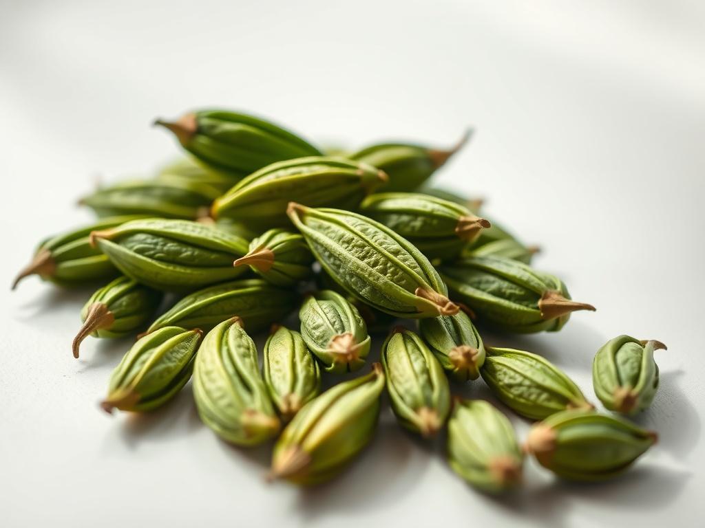 A close-up, photorealistic image of cardamom pods, showcasing their rich green color and textured surface. The pods should be arranged neatly on a clean, white surface, with soft natural lighting highlighting their features. The background should be minimalistic and blurred to keep the focus on the cardamom pods, creating a vibrant and inviting presentation.