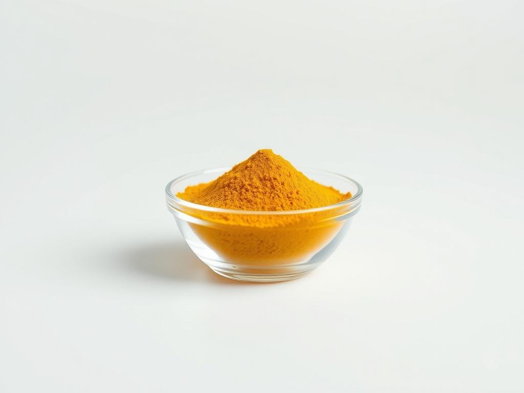 A realistic high-resolution photo of bright yellow turmeric powder in a simple clear glass bowl. The background should be minimalistic and clean, with a soft focus to enhance the vibrant color of the turmeric, emphasizing its fine texture and rich hue. The composition should be centered and uncluttered, highlighting the turmeric as the main subject.