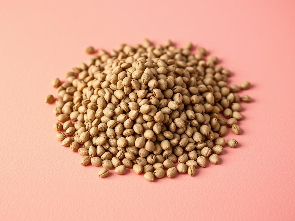 A realistic high-resolution close-up photo of coriander seeds displayed in a simple, clean composition. The focus should be on a single pile of coriander seeds, showcasing their natural texture and color. The background should be minimalistic to highlight the seeds, featuring bold vibrant colors that complement the rgb(245, 77, 77) primary color.