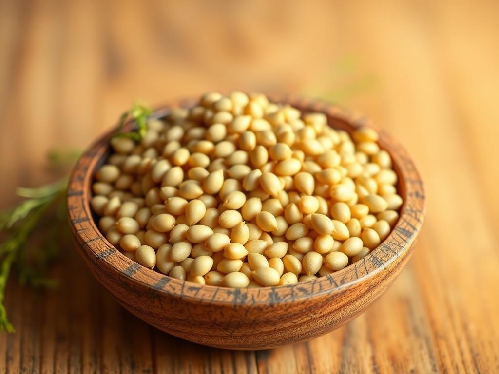 A realistic high-resolution photo of fennel seeds, displayed in a simple, clean composition. The seeds should be arranged in a small, rustic wooden bowl, showcasing their natural color and shine. The background should be softly blurred to emphasize the bowl and seeds, with warm, inviting lighting that enhances the vibrant colors. The overall image should convey a sense of freshness and quality, focusing solely on the fennel seeds.