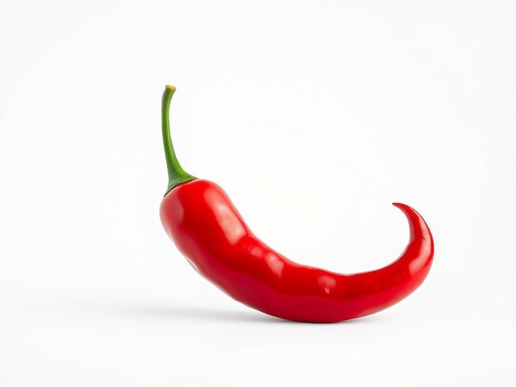 A realistic high-resolution photo of a single vibrant red chili pepper, showcasing its glossy texture and bright color. The chili should be placed against a minimalistic, clean white background that emphasizes its vividness. The focus of the image should be solely on the chili pepper, capturing its shape and surface details in photorealistic quality, ensuring a bold and vibrant appearance.