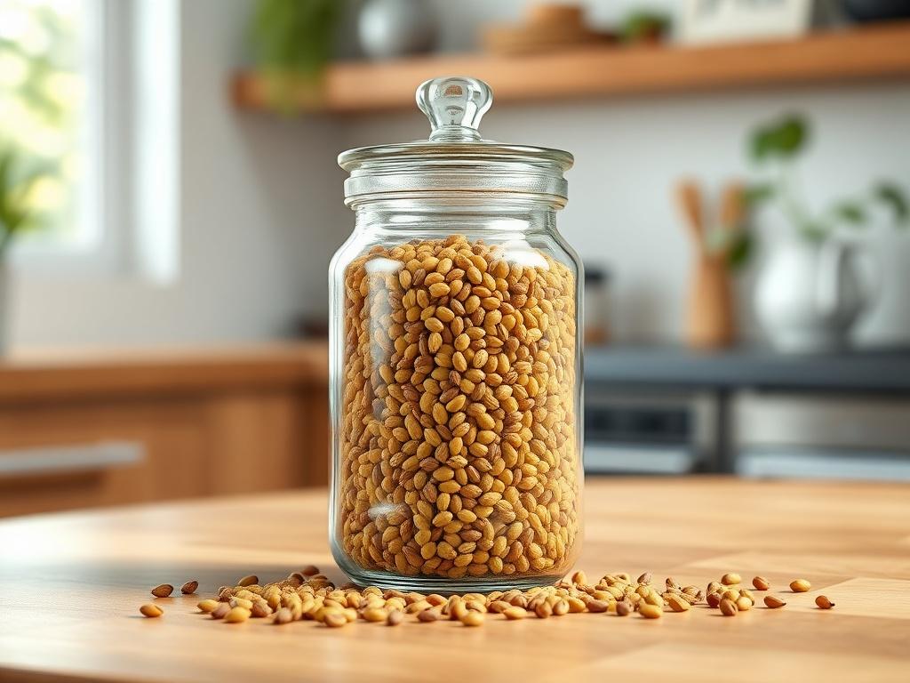 A high-resolution, photorealistic image of mustard seeds in a glass jar with a lid, sitting on a wooden kitchen countertop. The background should be bright and airy, with subtle greenery visible, enhancing the freshness and natural vibe.
