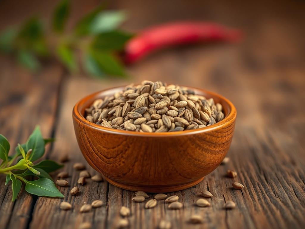 A high-resolution, photorealistic image of cumin seeds in a small wooden bowl, placed on a rustic wooden table. The background should be softly blurred to highlight the texture of the seeds and the bowl, with warm and inviting lighting to create an appetizing atmosphere.