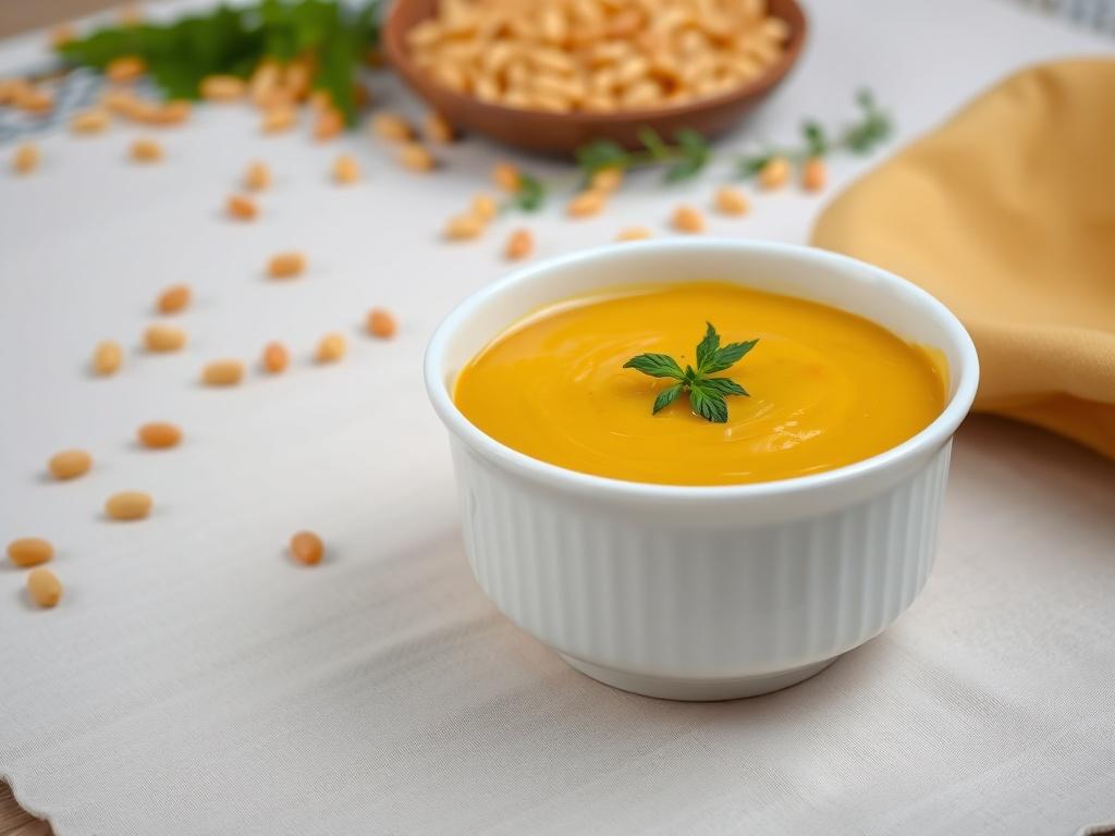 A high-resolution, photorealistic image of yellow dal in a white ceramic bowl, elegantly placed on a patterned fabric tablecloth. The background should include a scattering of raw lentils and a few green herbs, creating a fresh and inviting cooking scene.