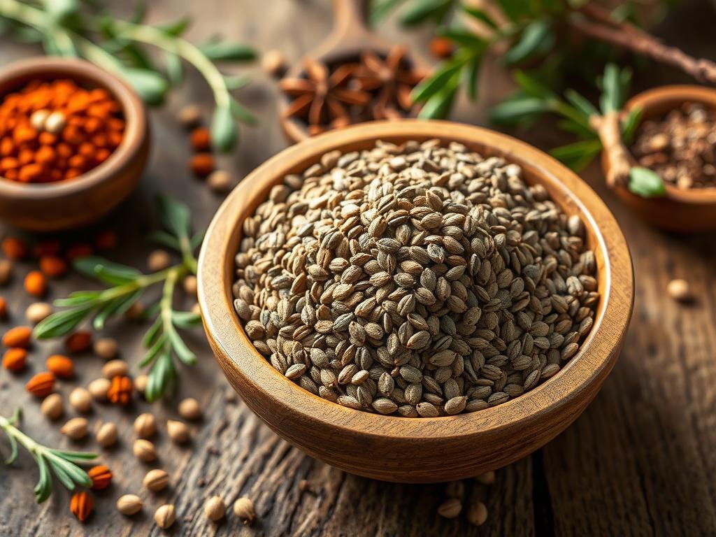 A realistic high-resolution photo of cumin seeds in a wooden bowl, with a rustic background featuring spices and herbs in minimalistic arrangement.