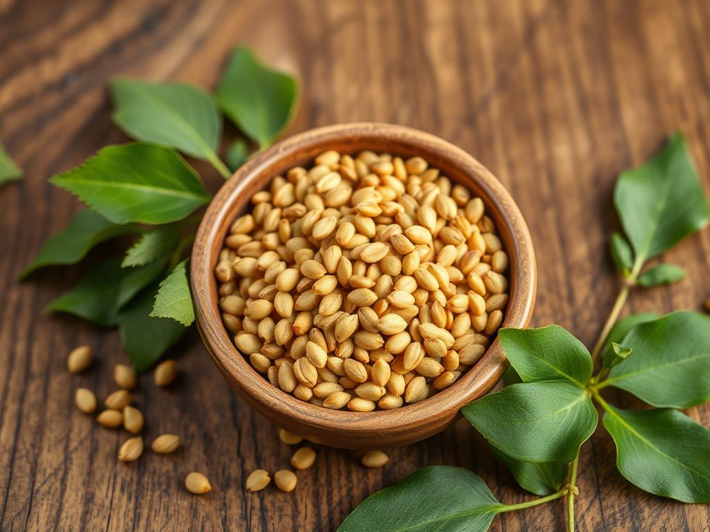 A realistic high-resolution photo of fenugreek seeds in a small bowl, surrounded by green leaves, set against a wooden background.
