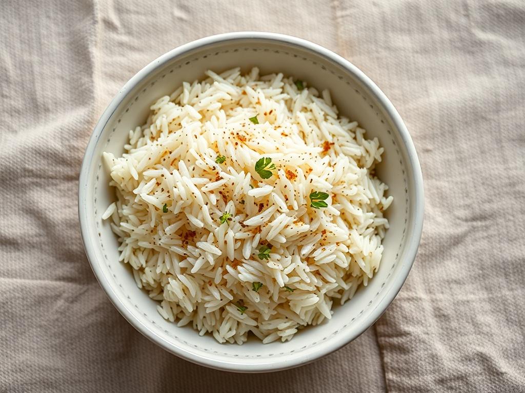 A realistic high-resolution photo of a bowl of cooked basmati rice, garnished with herbs, placed on a textured fabric background.