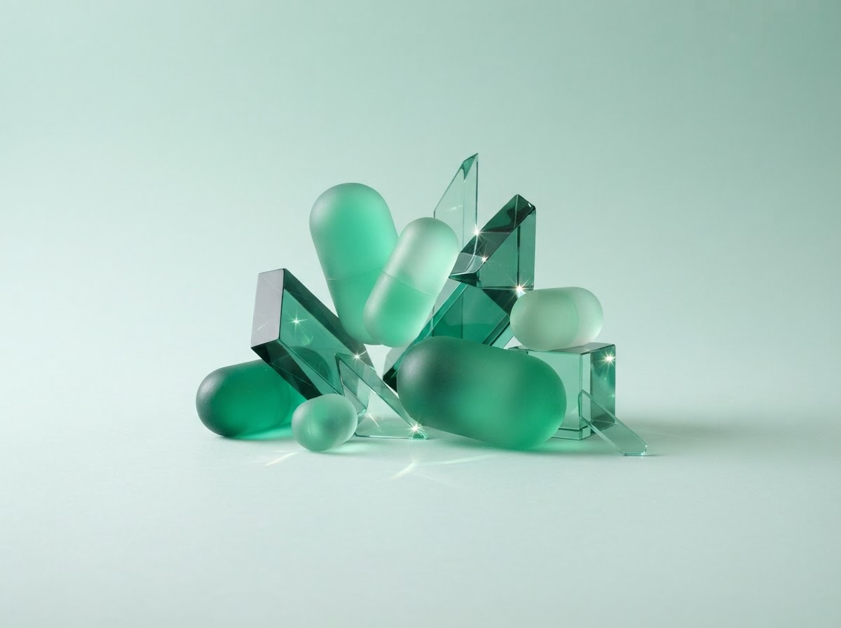 Abstract translucent emerald and jade capsules and floating glass shapes on a pale mint studio background