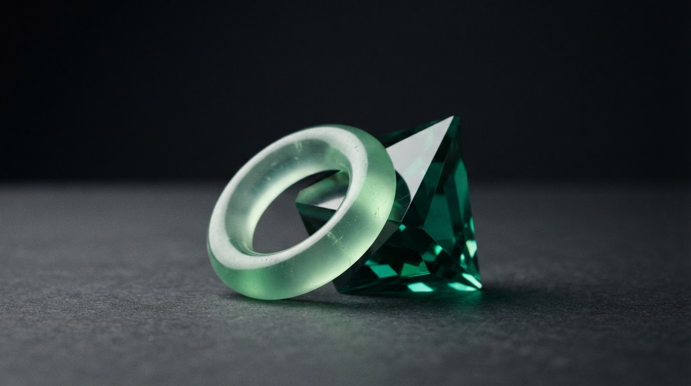 Translucent jade glass torus intersecting a faceted emerald crystal prism on a dark graphite surface under studio lighting