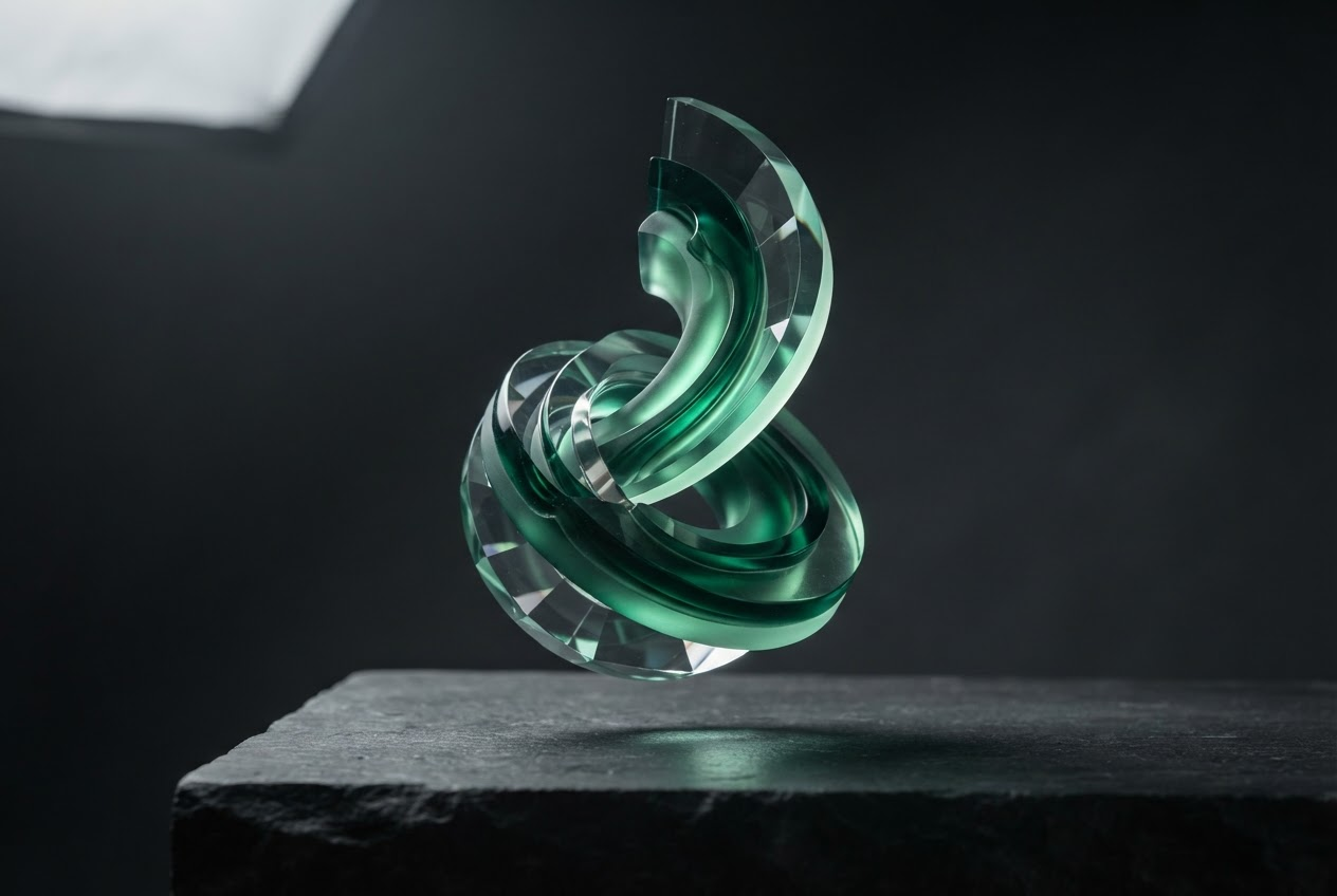 Translucent faceted emerald and jade glass arcs floating above a graphite surface under restrained studio lighting