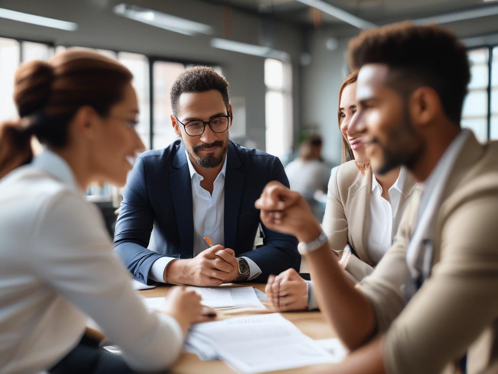 A close-up shot of a diverse group of professionals engaged in a discussion, showcasing teamwork and collaboration. The setting is a modern office environment with soft natural light filtering through large windows. The focus is on the individuals' expressions, emphasizing their passion and commitment. The color palette includes rich greens and earthy tones, creating a warm, inviting atmosphere, with a soft blur in the background to enhance the subjects.