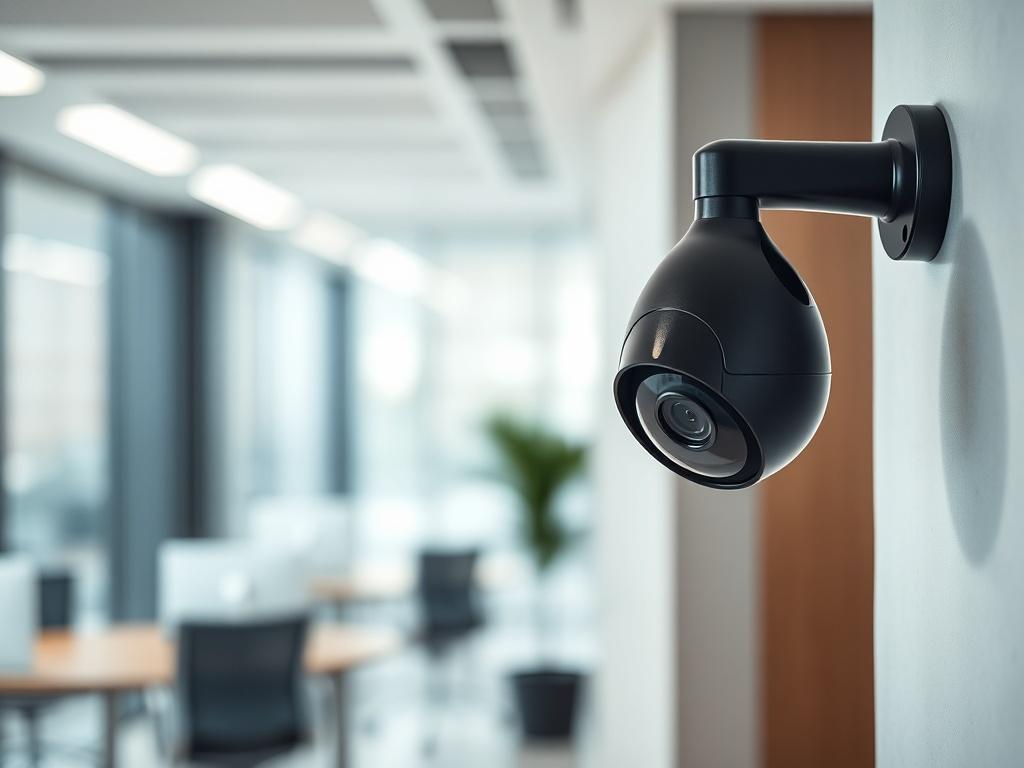 A realistic high-resolution photo of a modern security camera mounted on a wall. The camera should be sleek and sophisticated, featuring a glossy black finish. The background should be a well-lit office environment, showcasing a clean and professional space. The focus should be on the camera, with a slightly blurred background to emphasize its importance in maintaining security.