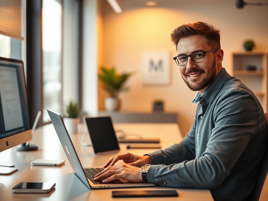 A close up of a confident IT professional working on