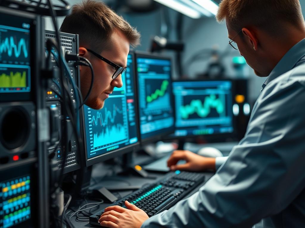 An IT technician working on a computer setup, focused on