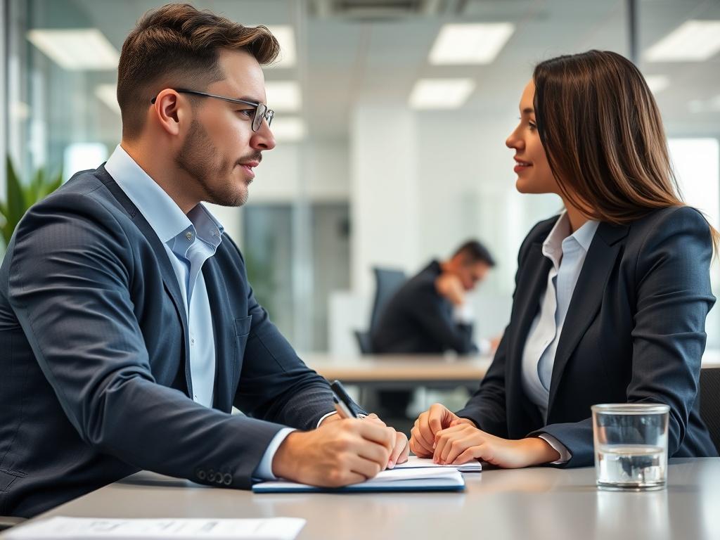 A professional business meeting setting, with two individuals discussing over
