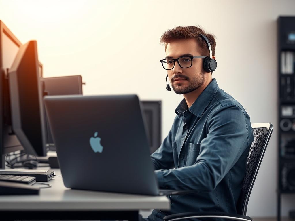 A professional IT support specialist sitting at a clean desk