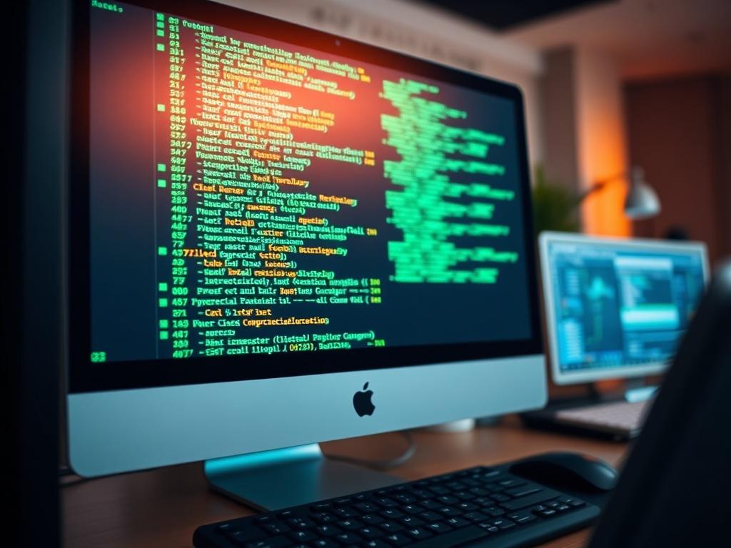 A close-up shot of a modern computer setup displaying code on the screen, symbolizing real-time data access and technology innovation. The background should be blurred to keep the focus on the computer and code, with soft lighting to create an inviting atmosphere. The image should evoke a sense of advanced technology and seamless integration.