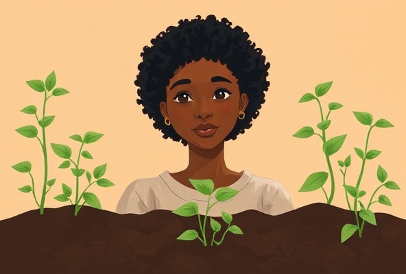 Diverse person with thoughtful expression surrounded by growing plants