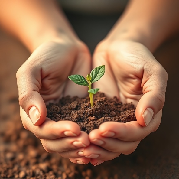 Hands cupped around a seedling sprouting from soil