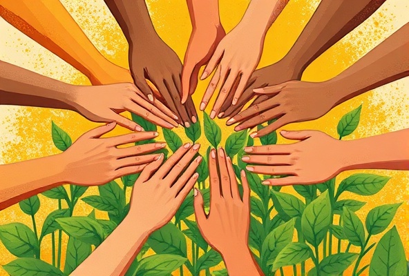 Multiple hands in a circle coming together over growing plants