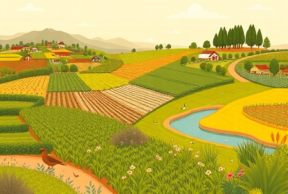 Patchwork of sustainable farms with diverse crops and native plants