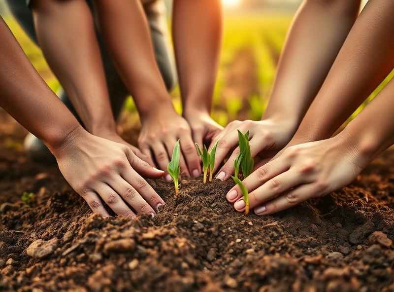 Diverse hands together planting seeds in rich soil