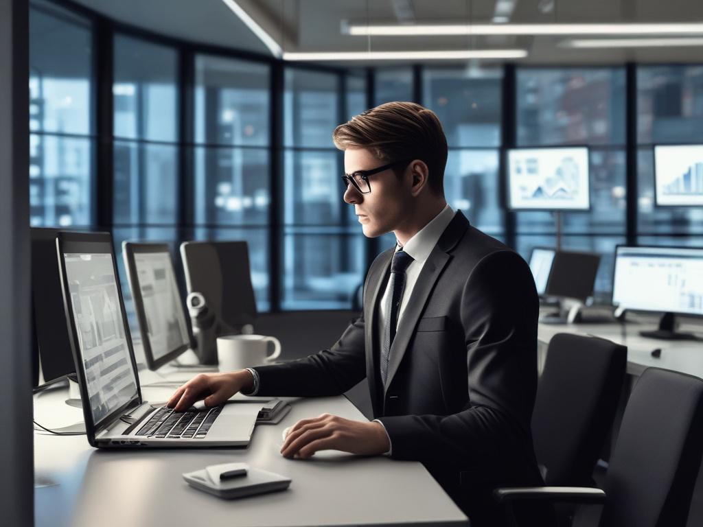 A confident consultant standing in a modern office space, analyzing data on a laptop. The background features sleek desks and digital screens displaying automated workflows. The lighting is high-contrast with deep shadows and bright highlights, creating a dynamic atmosphere. The consultant appears engaged and focused on the task at hand, symbolizing innovation and efficiency in automation.