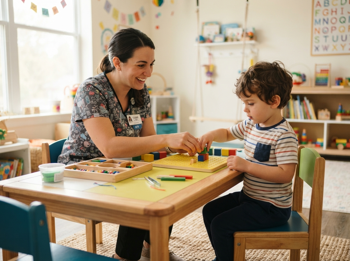 A pediatric occupational therapist helping a young child with fine motor skills using colorful blocks