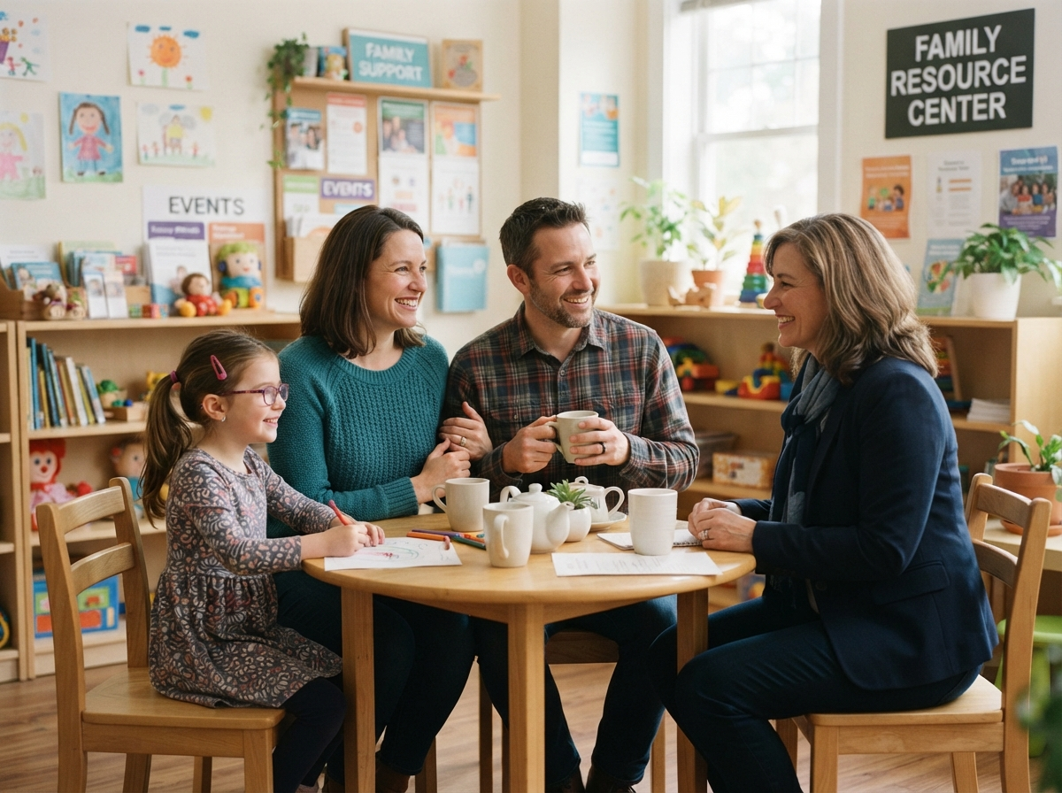 Parents of a child with disabilities meeting with a supportive counselor at a bright family resource center