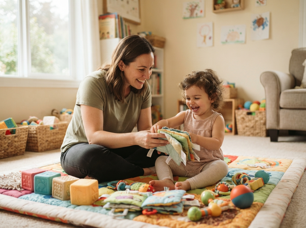 A gentle educator playing with a toddler on a soft play mat with colorful sensory toys