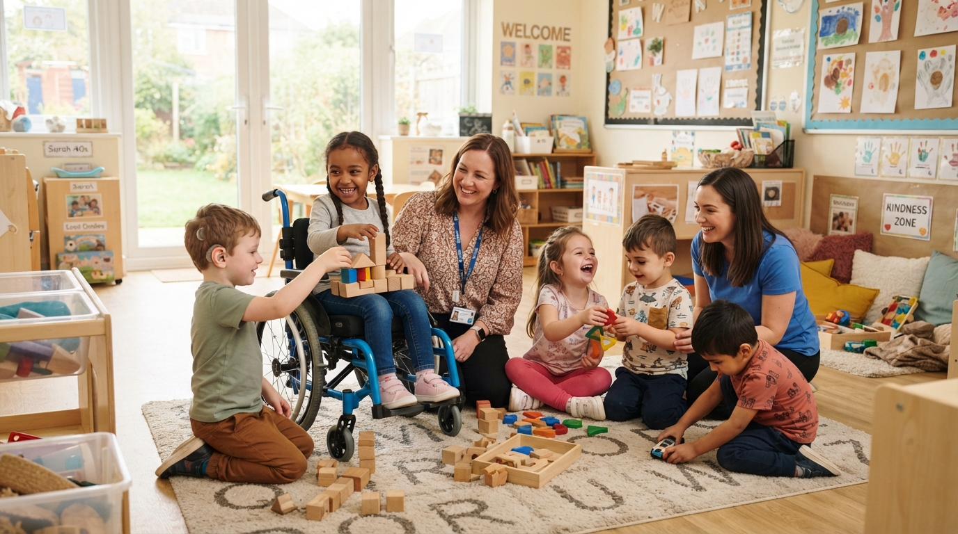 Children of different abilities playing and learning together with caring teachers in a bright, colorful classroom
